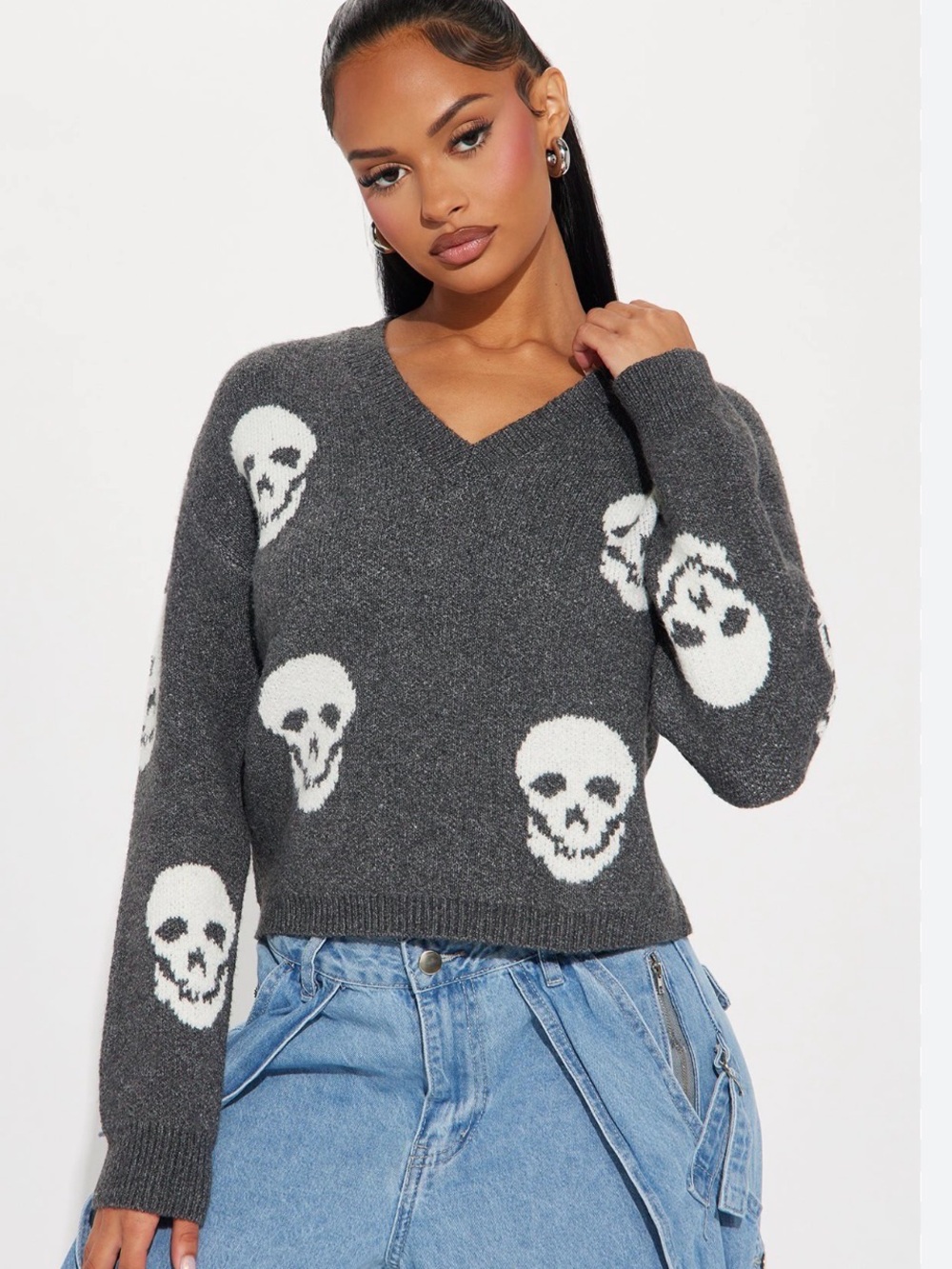 HIPPIE TOSS SKULL GRAPHIC PULLOVER CROPPED SWEATER GRAY WHITE XSMALL LIKE NEW